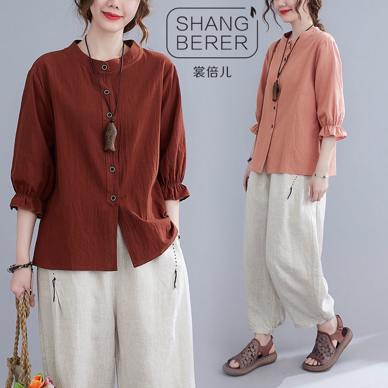 shang-beier-ฤดูร้อน-เสื้อเชิ้ตผ้าฝ้ายและผ้าลินินสไตล์ใหม่หญิงวรรณกรรมย้อนยุคหลวมเสื้อเชิ้ตปิดสาม-เสื้อสตรีแขนสี่ส่วน
