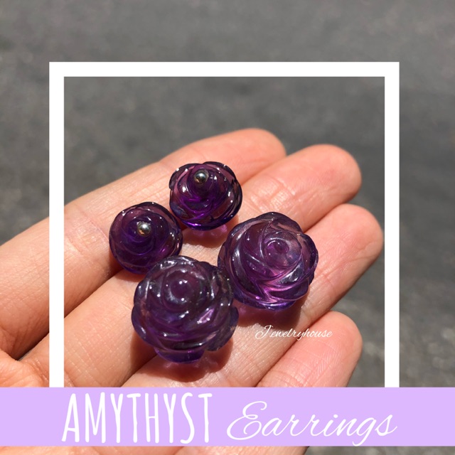 ต่างหูเงินเเท้พลอยเเท้amethyst-เเกะสลักรูปทรงกุหลาบ-ใส่สวย-น่ารักค่ะ