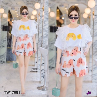 TW17081 set 2 ชิ้น #สาวอวบ  เซท 2 ชิ้น เสื้อแต่งระบายลูกไม้ พร้อมสกรีน กับ กางเกงขาสั้น เอวสูง