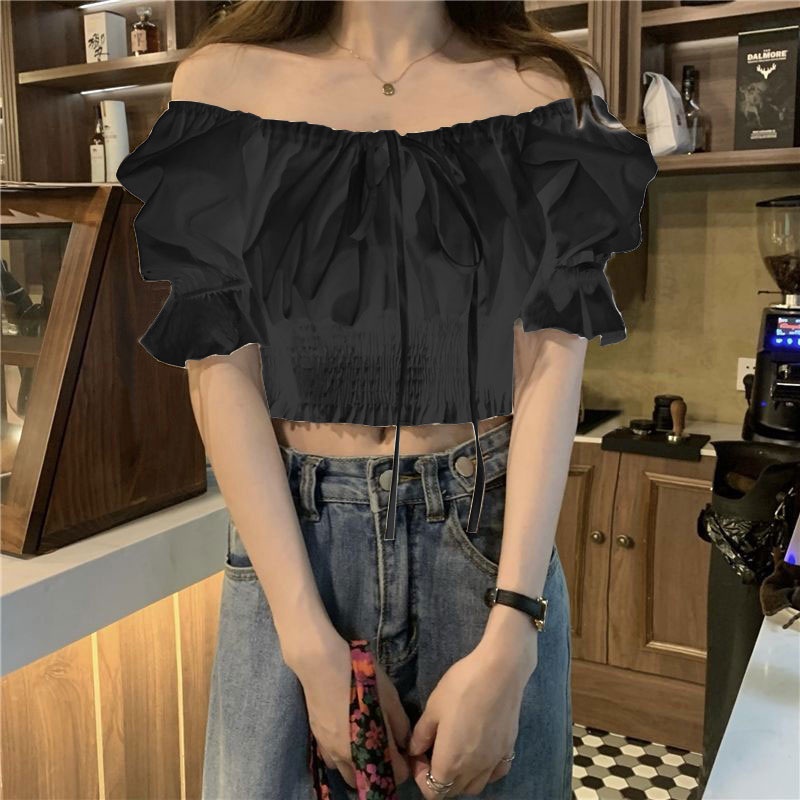 พร้อมส่ง-เสื้อครอปเอวลอยเเขนตุ๊กตา-คอกว้างสีพื้น-งานสม็อคเอว-สีพื้น