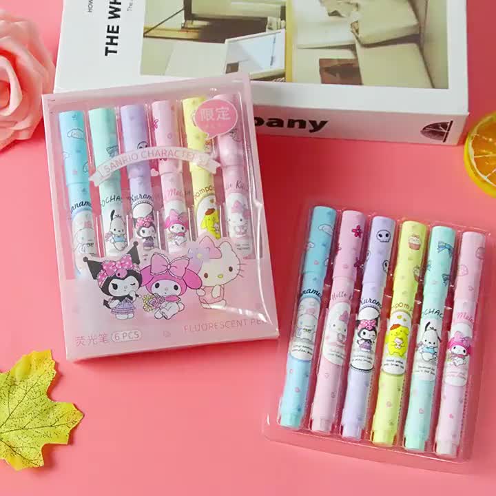 ปากกาไฮไลท์-6-แบบ-sanrio-mymelody-kuromi-cinnamoroll-pom-pom-purin-pochacco-น่ารัก-kawaii-เครื่องเขียนเรืองแสงเครื่องเขียนปากกาไฮไลท์แห้งเร็ว