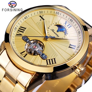 Forsining Golden Men Mechanical Wristwatch 3D Dial Automatic Tourbillon Moonphase Full Steel Big Watches Clock Relogio M