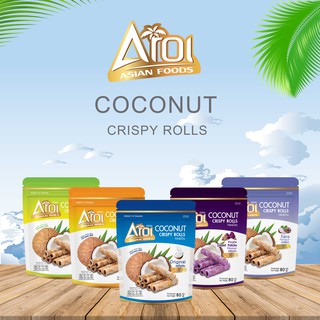 AROI COCONUT CRISPY ROLLS รวมรส ทองม้วนกะทิสด ทองม้วนกรอบ ขนมทองม้วน ขนมทานเล่น แบบซิปลอค ขนาด 80 กรัม แพ็ค 5 ซอง