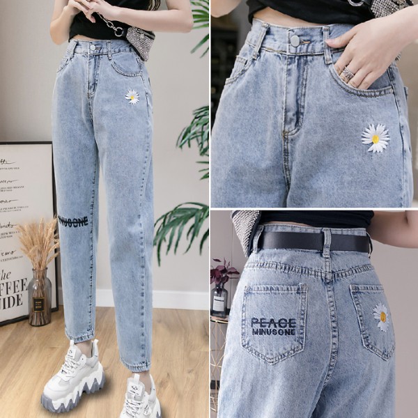 zf-shop-กางเกงยีนส์เอวสูงผู้หญิงสไตล์เกาหลี-กางเกงยีนส์ขายาวทรงขากระบอกยีนส์
