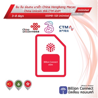 eSIM China Hongkong Macao Sim Card Unlimited 500MB-1GB: ซิมจีน ฮ่องกง มาเก๊า 3-8 วัน by ซิมต่างประเทศ Billion Connect