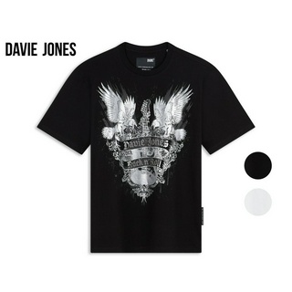 DAVIE JONES เสื้อยืดพิมพ์ลาย ทรงรีแลคซ์ สีดำ สีขาว Graphic Print Relaxed Fit T-shirt in black white WA0153BK WH