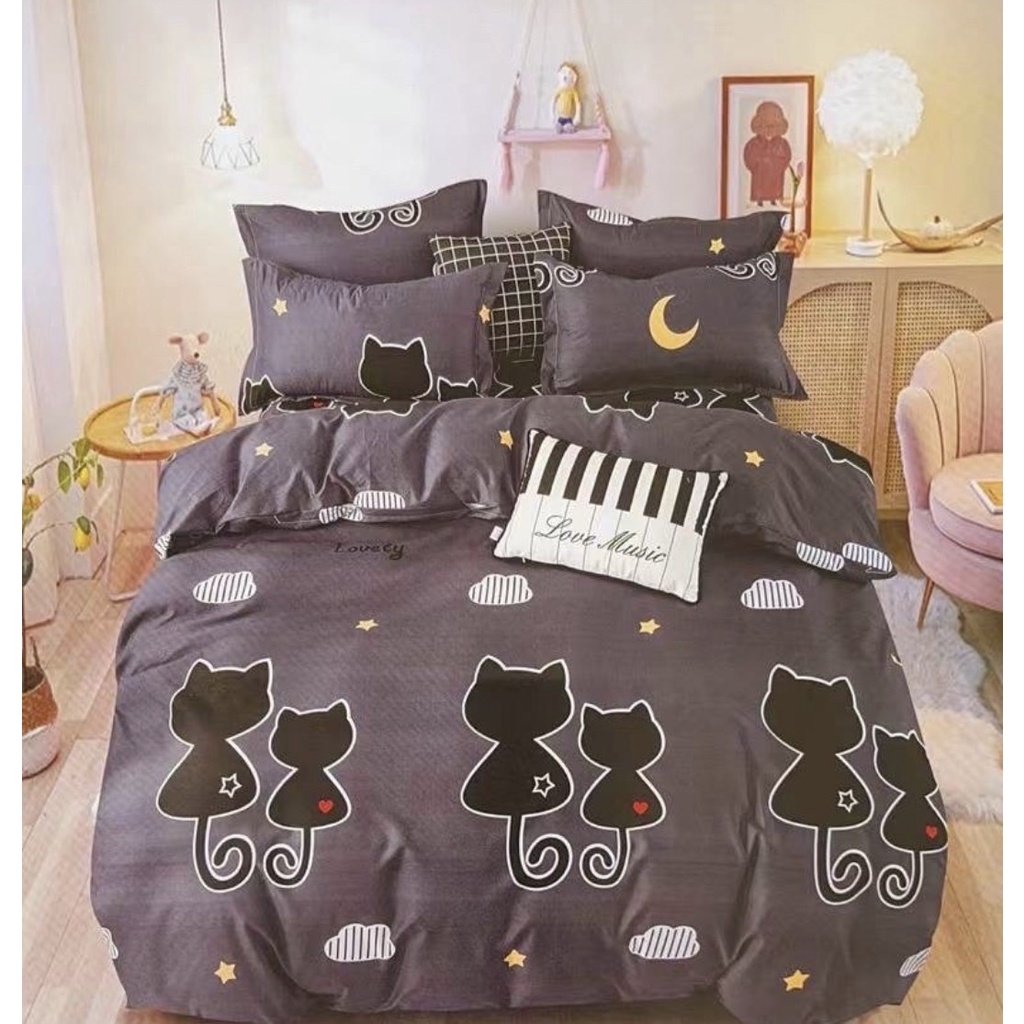 ชุดเครื่องนอนลายการ์ตูนแมว-ขนาด-3-5-5-6-ฟุต-ผ้าปูที่นอน-ผ้านวมครบชุด