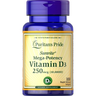(แพ็คเก็ตใหม่ล่าสุด ขวดสีน้ำเงิน) Puritan Vitamin D3 ขนาด 250 mcg (10000 IU) 100 softgels วิตามินดี 3