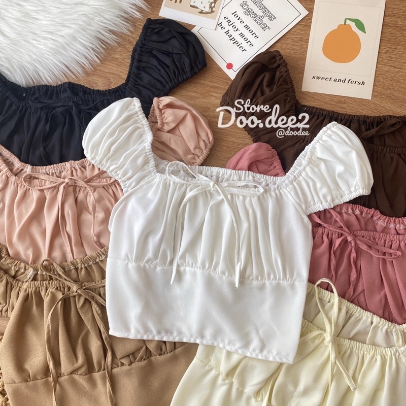 doodee2-เสื้อครอป-แขนจับจีบ-ผูกโบว์หน้า