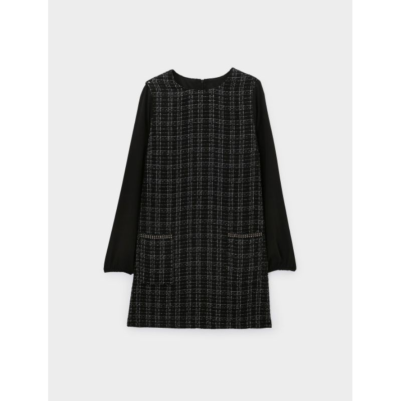 ส่งต่อ-pomelo-tweed-เดรส-ผ้า-ทวิท-ทวีส-ทวีต-tweed-puff-sleeve-shift-dress-black