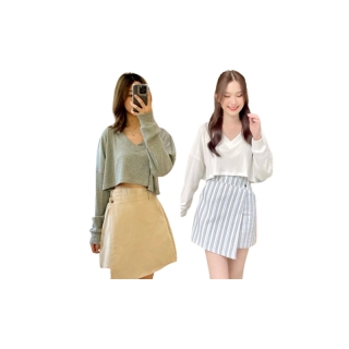 {220.- Code : WMBRYX}Brownie Crop - เสื้อครอป เสื้อไหมพรมแขนยาว เสื้อครอปแขนยาว เสื้อครอปคอวี น่ารักมากก