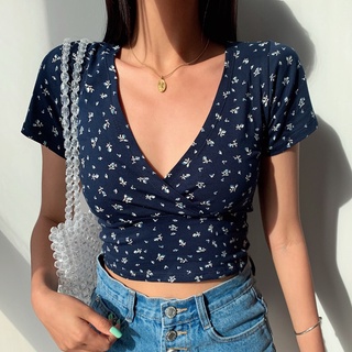 เสื้อยืดคอวีแขนสั้นลายดอกไม้สไตล์อเมริกันย้อนยุคสลิมฟิตสะดือแขนสั้นผู้หญิง,เนื้อผ้านุ่มสบาย，เสื้อครอป