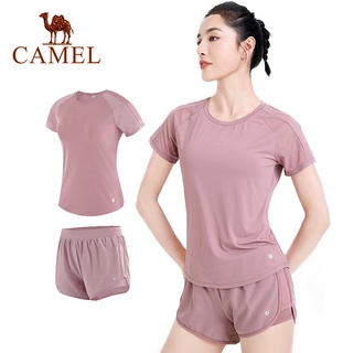 Camel ชุดกีฬาเสื้อยืดแขนสั้นสําหรับผู้หญิงใส่เล่นโยคะฟิตเนส