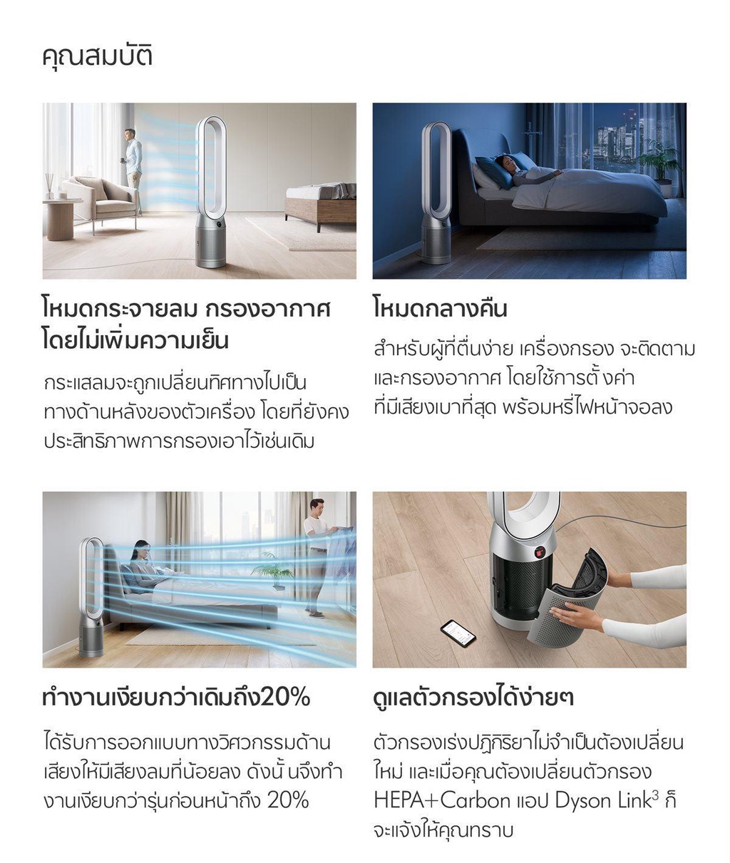 Dyson รุ่น TP07 เครื่องฟอกอากาศและพัดลมไร้ใบพัด (สีขาว/เงิน) ระบบกรอง HEPA H13 ปิดผนึก ดักจับฝุ่น PM2.5 และสารก่อภูมิแพ้ ควบคุมผ่านแอปพลิเคชัน