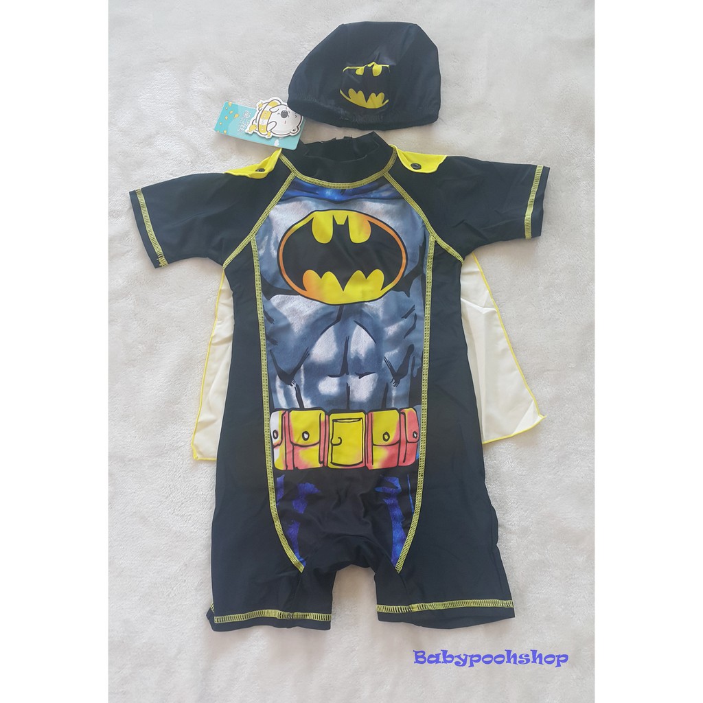 ชุดว่ายน้ำบอดี้สูท-ซิปหลัง-ลาย-batman-สีดำ-มีผ้าคลุม-มาพร้อม-หมวก