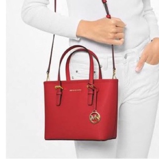 (ผ่อน0%) กระเป๋าสะพายข้าง Michael Kors XS Carry All Jet Set Travel Womens Tote 35T9GTVT0L-flame หนังแท้ สีแดง 10 นิ้ว