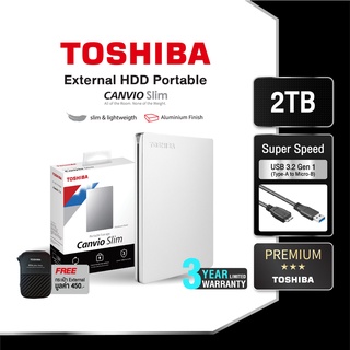 สินค้า Toshiba External HDD (2TB) USB 3.2  SuperSpeed, รุ่น (Canvio Slim)  Security Auto-backup 2.5\" สีเงิน ฮาร์ดดิสพกพา  Portable Hard drive ฟรี!! กระเป๋ากันกระแทก (TSB-HDTD320AS3EA)