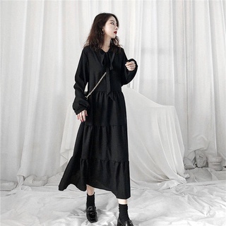 ชุดเดรสยาว เดรสเกาหลี Womens French platycodon grandiflorum Dress 2020ฤดูใบไม้ร่วงใหม่อารมณ์หลวม Retro Small Black Dres