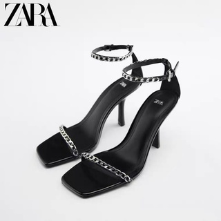 Zara ใหม่ รองเท้าส้นสูง เปิดนิ้วเท้า แต่งสายโซ่ สีดํา แฟชั่นฤดูใบไม้ผลิ และฤดูร้อน สําหรับผู้หญิง 2022