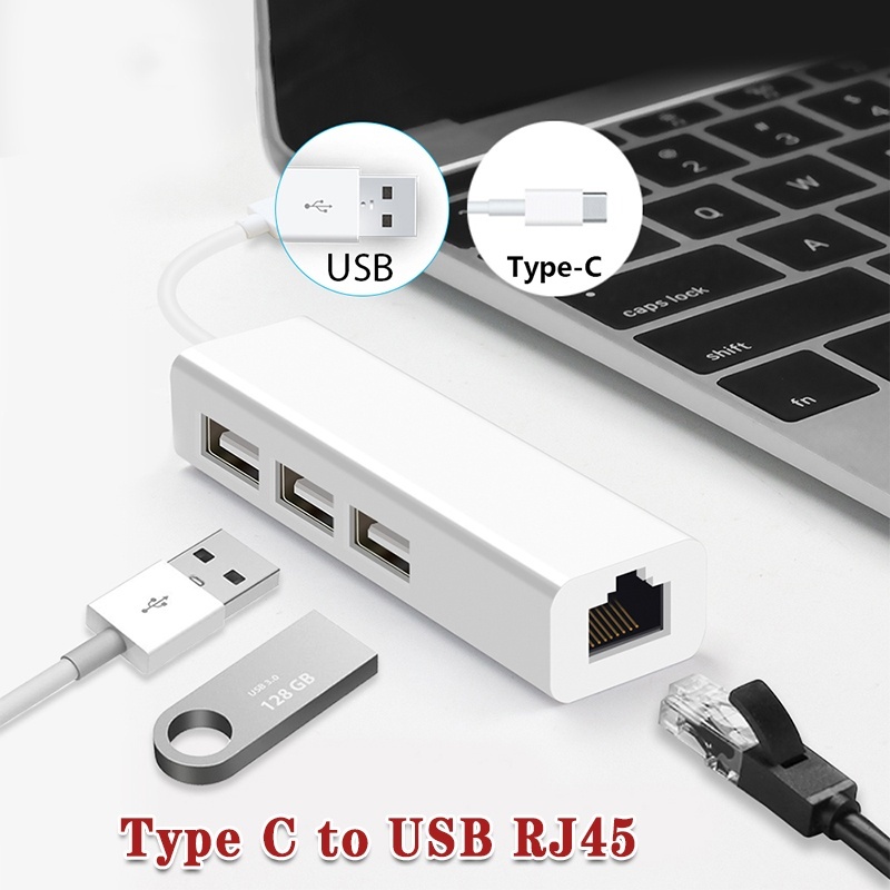 ภาพหน้าปกสินค้าUSB-C Ethernet Adapter 3 USB C Hub to Ethernet RJ45 Lan Adapter Network Card Gigabit Internet for Macbook Type C Hub