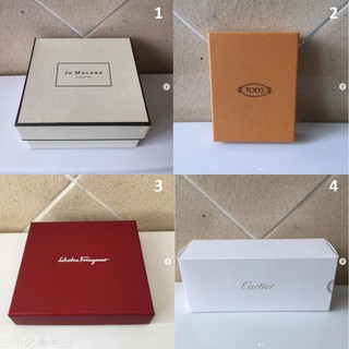 กล่องแบรนด์ Jo MALONE, TODS, Ferragamo และ Cartier ของแท้ เป็นกล่องเรียบหรู ดูแพง สภาพใหม่ ดีมาก แข็งแรง ใส่ของได้