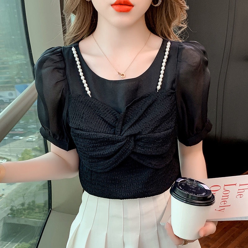 พร้อมส่ง-เวอร์ชั่นเกาหลี-เสื้อเชิ้ตเย็บครีม-แฟชั่นไข่มุก-แขวนเสื้อ-แขนสั้น-ท็อป-2-สี