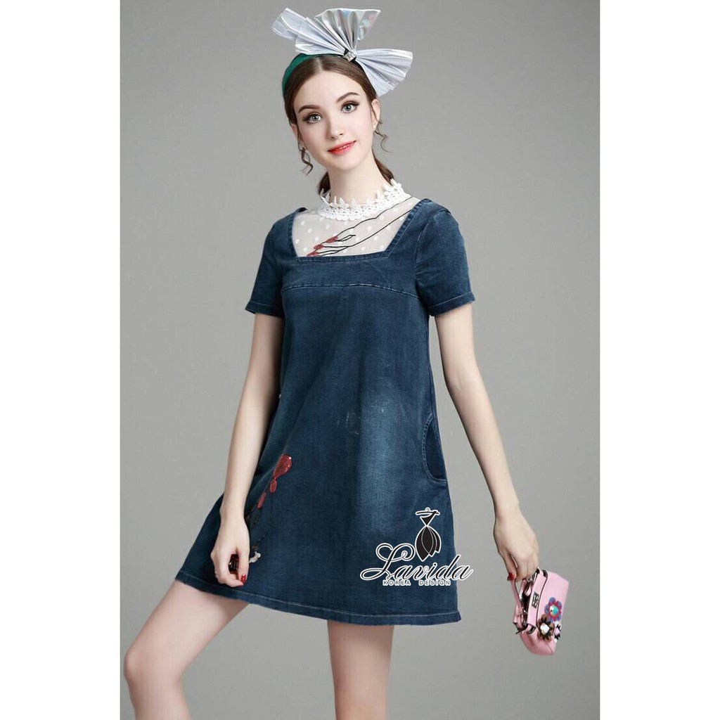 lavida-noble-neck-lace-heart-embroidered-denim-dress