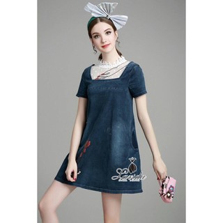  Lavida noble neck lace heart embroidered denim dress