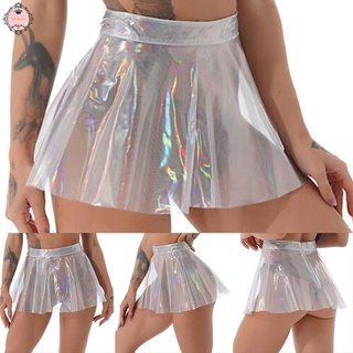 Womens Transparent PVC Pleated Mini Skirt High Waist See Through Skirts Clubwear