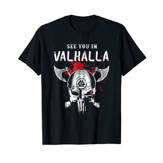 ROUND คอลูกเรือเสื้อยืด ผ้าฝ้าย พิมพ์ลาย See You In Valhalla Vikings Odin Valhalla สไตล์คลาสสิก สําหรับผู้ชาย GFDSF61EW2