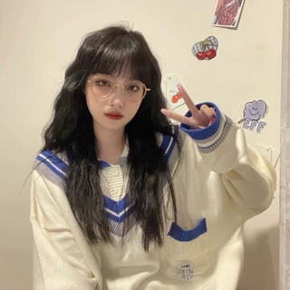 เสื้อสเวตเตอร์สีหวานสำหรับฤดูใบไม้ร่วงและฤดูหนาว เสื้อคอวี. เสื้อสเวตเตอร์คอโปโลปลอมสองตัว หลวม. สาวหวานน่ารัก