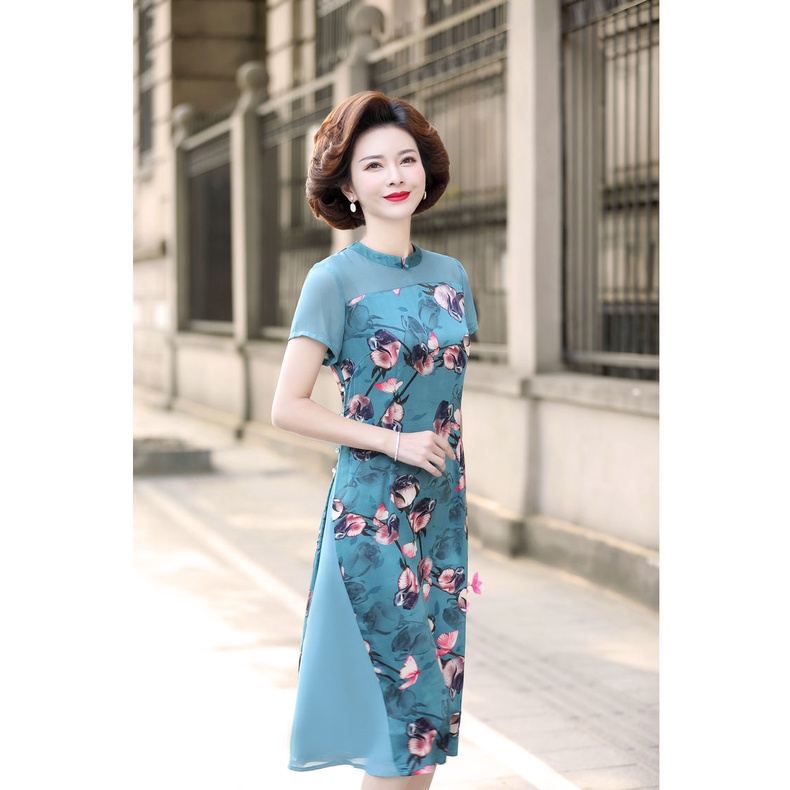 ชุดเดรส-ชุดกระโปรง-mom-ชุดฤดูร้อนผู้หญิงชีฟองแขนสั้นปรับปรุง-cheongsam-กระโปรง-2022-ใหม่วัยกลางคนและผู้สูงอายุกระโ