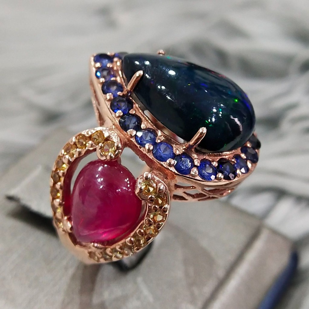 เเหวนพลอยเเท้-black-opal-5-74ct-ไพลิน1-2ct-ทับทิม4ct-บุษราคัม-0-60ct-ตัวเรือนเงินเเท้ชุบโรสโกลด์-size55-มีใบรับประกัน