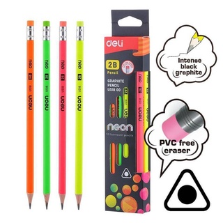 ดินสอ Deli U51800 Graphite Pencil ดินสอไม้ 2B ทรงสามเหลี่ยมนีออน 12 แท่ง / 1 กล่อง