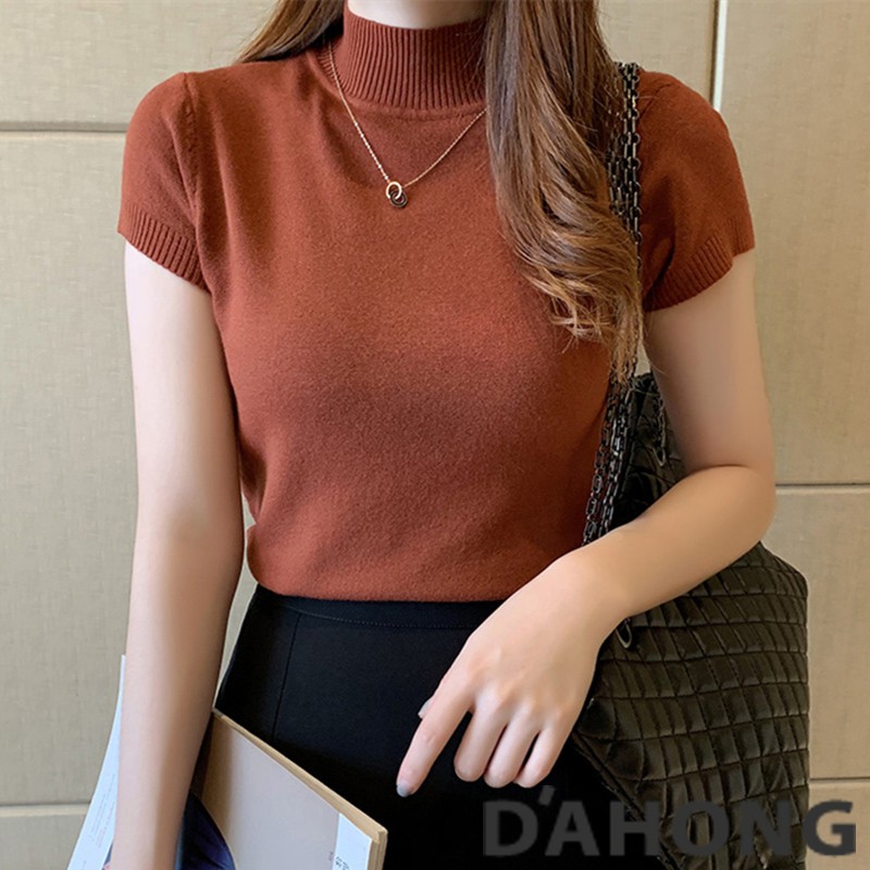 dahong-เสื้อ-473-เสื้อครอป-ท๊อป-เสื้อคอกลมคอเต่า-แขนสั้น-ผ้าไหมพรม-สีพื้น-เนื้อผ้าเรียบบาง