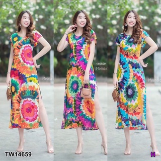 TW14659 Set 2 ชิ้น เสื้อตัวยาว คอกลมแขนสั้น ชายผ่าด้านข้าง 2 ข้าง งานผ้าสปันมัดย้อม มากับกางเกงขาสั้นสีขาว เอวยางยืดหลัง