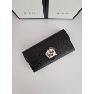 (ผ่อน0%) กระเป๋าสตางค์ New Gucci inertock flap wallet  ใบยาว หนังแท้ สีดำ 2 พับ