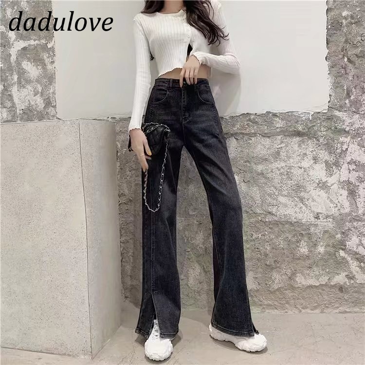 dadulove-new-korean-version-ins-washed-gray-jeans-high-waist-loose-slit-casual-pants-womens-wide-leg-pants