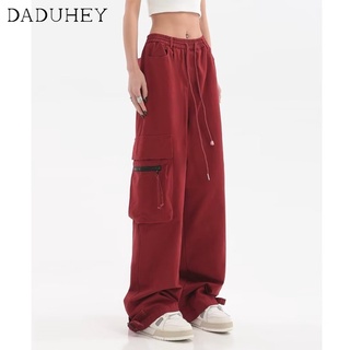 DaDuHey💕 American Retro Red Womens  Winter High Waist Loose Slimming Straight Wide Leg Casual Cargo pants