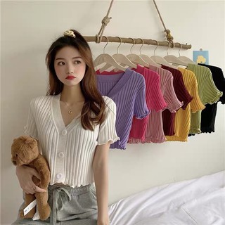 1LDK 🌈 พร้อมส่ง🌈 เสื้อยืดแฟชั่น เสื้อผู้หญิง แขนสั้นเเต่แขนยัก กระดุมหน้าใหญ่ ใส่เก๋ๆ (9796)