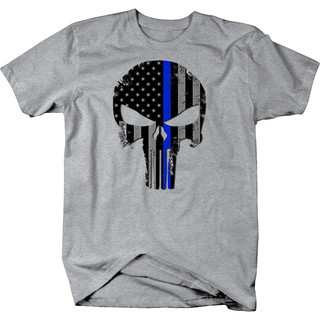 Fashion Men T Shirt แฟชั่นผู้ชายเสื้อยืด Punisher Skull ยุทธวิธีสีเทาบางเส้นสีฟ้าตำรวจชายเสื้อยืดสีเทา