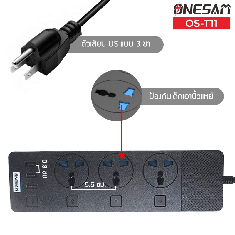 ปลั๊กไฟ-onesam-รุ่น-os-t11-ปลั๊ก-3-ช่อง-usb-3-พอร์ต-สวิตซ์เปิด-ปิด-ยาว-2-เมตร-ของแท้-100-รับประกัน-1-ปี