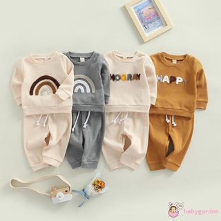 Babygarden-0-24 เดือน ชุดเสื้อผ้าเด็กผู้ชาย ฤดูใบไม้ร่วง ลายตัวอักษร / สีรุ้ง แขนยาว คอกลม แบบสวมหัว + กางเกงขายาว เอวยางยืด