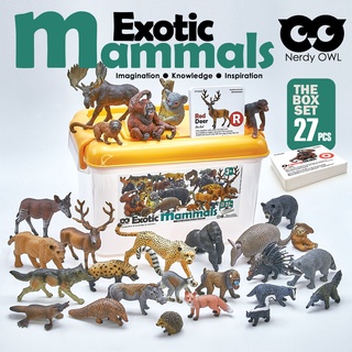 ของเล่นสัตว์เลี้ยงลูกด้วยนม 27 ตัวพร้อมแฟลชการ์ดคู่กัน พร้อมกล่องหูหิ้ว Nerdy Owl Exotic Mammals Toy Set