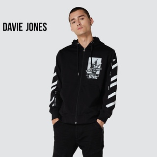 DAVIE JONES เสื้อฮู้ดดี้ มีซิป สีดำ Zipped Hoodie in black JK0032BK
