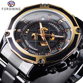 Forsining Transparent Watches Luminous Design Black Stainless Steel Men Automatic Skeleton Watch Top Brand Luxury Montre