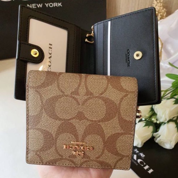 สด-ผ่อน-กระเป๋าใส่บัตร-สีน้ำตาล-ใส่แบงค์ได้-coach-c3309-snap-wallet-in-signature-canvas
