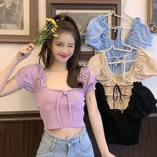 Best clothes (พร้อมส่ง/ใหม่รุ่น) เสื้อครอปไหมพรม คอเหลี่ยมแขนสั้นทรงรัดรูปน่ารัก แฟชั่นเกาหลี รุ่น#E183