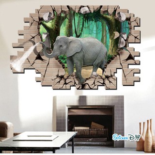SALE Wall sticker สติ๊กเกอร์ติดผนัง 3D ช้างพ่นน้ำ "เงินทองจะใหลเวียนไม่ขาด" (กว้าง90cm.xสูง60cm.)