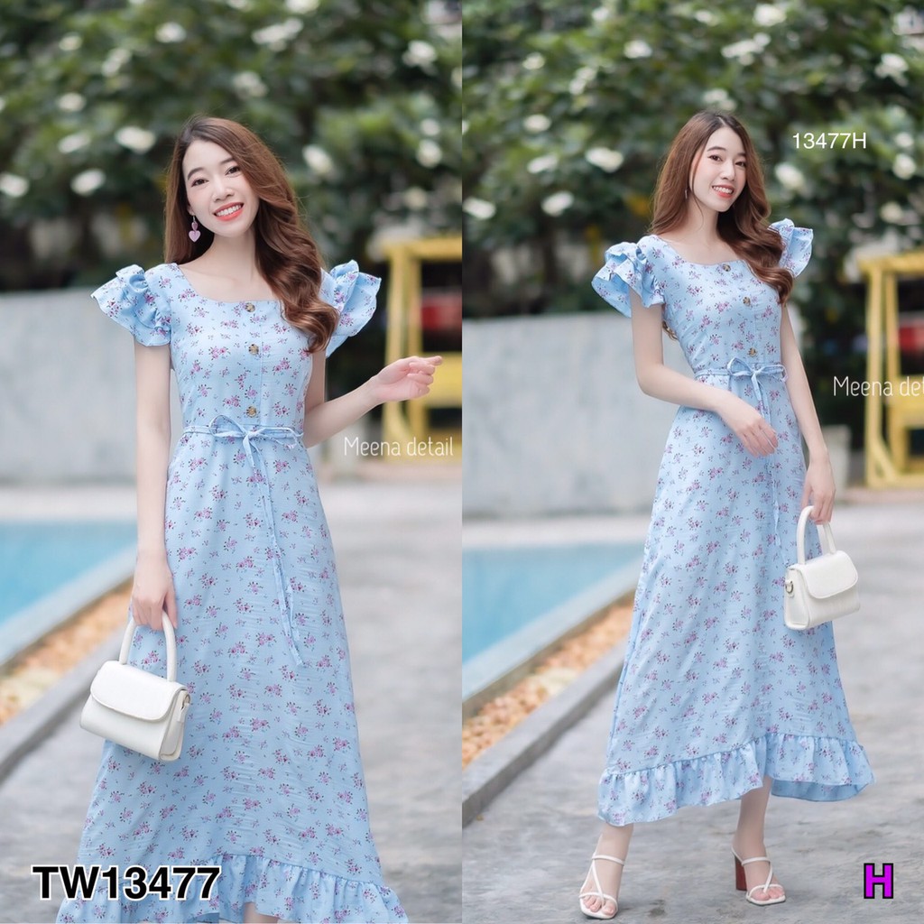 at13477-maxi-dress-คอเหลี่ยม-แขนระบาย-2-ชั้น-แต่งกระดุม-ลายดอก